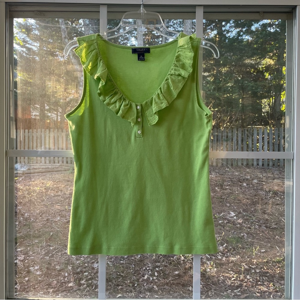 Chaps light green tank with ruffled eyelet neckline, medium.